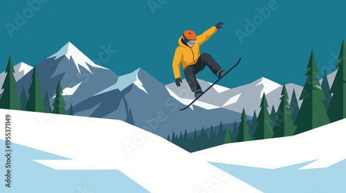 An action-packed snowboarding scene features a skier mid-air, set against majestic snowy mountains, highlighting the thrill and excitement of winter sports.