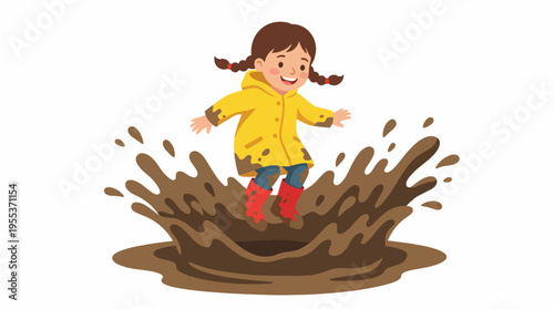 A cheerful child in a yellow raincoat enjoying splashing in a muddy puddle, embodying the joy of childhood and the fun of playing outdoors in wet weather.