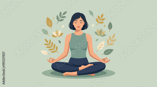 A woman sitting cross-legged in a peaceful setting surrounded by leaves, highlighting the themes of mindfulness, serenity, and connection with nature.