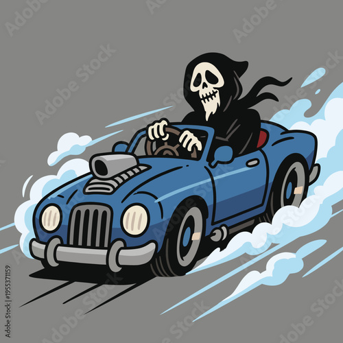 A humorous depiction of a skeleton driving a blue convertible car, merging elements of thrill and darker themes in an approachable, fun illustration.