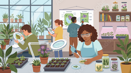 A vibrant laboratory scene where researchers examine plants, conduct experiments, and collaborate to advance botanical knowledge and practices in an engaging environment.