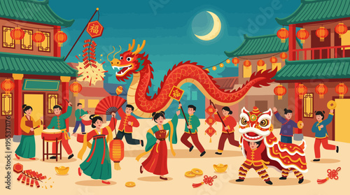 A festive atmosphere filled with dragon dance performances, lanterns, and traditional attire, capturing the essence of vibrant cultural celebrations and community spirit.
