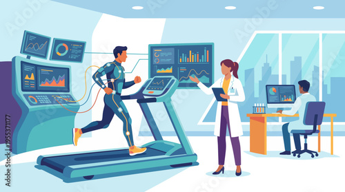 A fitness lab scene showcasing an athlete running on a treadmill while being monitored by a team, focusing on health, technology, and performance in a modern athletic environment.