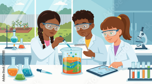 Three diverse children engage in a colorful science experiment in a bright laboratory, highlighting teamwork and curiosity in science through hands-on learning and discovery.