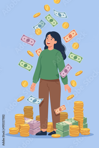 A joyful woman stands amidst piles of money and coins, illustrating themes of financial success, prosperity, and the exhilaration that comes with achieving one's goals.