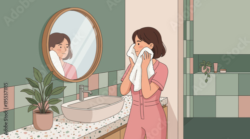 A young woman carefully washes her face in a stylish bathroom, symbolizing self-care and personal grooming in a serene and modern home environment.