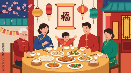 A joyful family gathers around a table filled with traditional dishes, celebrating togetherness and cultural heritage through a warm and festive dining experience.