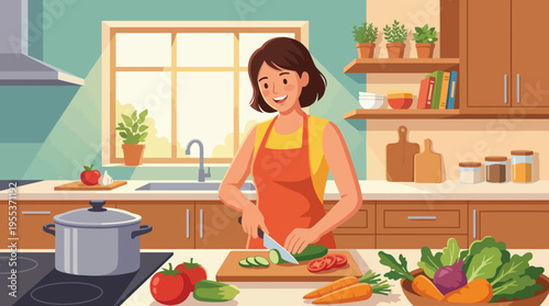 A cheerful cook slices vegetables in a cozy kitchen, emphasizing the importance of healthy eating, creativity in cooking, and the joy of preparing wholesome meals at home.