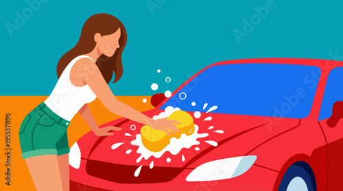 A woman diligently washes her red car with a sponge, creating suds and sparkling reflections under bright sunlight, showcasing a refreshing and active moment in vehicle care.