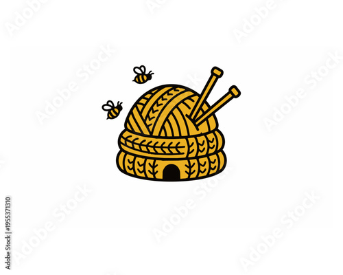Creative pun illustration combining a ball of yarn and a beehive with bees and knitting needles