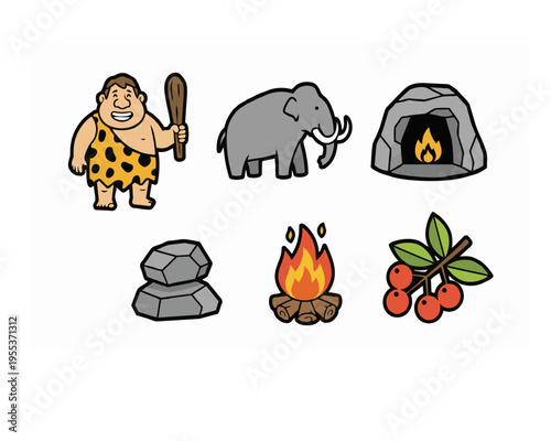 Comprehensive prehistoric stone age icon collection featuring a caveman with a club, woolly mammoth, cave entrance with fire, primitive campfire, and ancient berries.