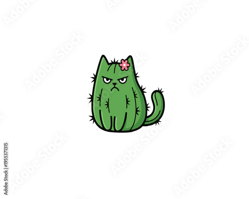 Sarcastic cartoon of a grumpy green cat shaped like a cactus with prickles and a pink flower
