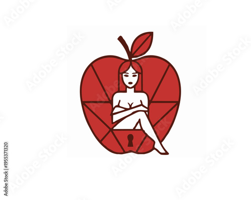 Conceptual vector illustration of the biblical "Forbidden Fruit" featuring Eve's silhouette inside a red geometric apple, symbolizing the temptation in the Garden of Eden