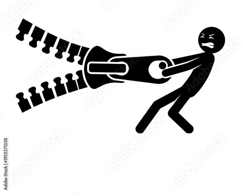 Stick figure man pulling a giant zipper vector illustration. Concept of revealing secrets, hard work, opening new opportunities, or closing a chapter.