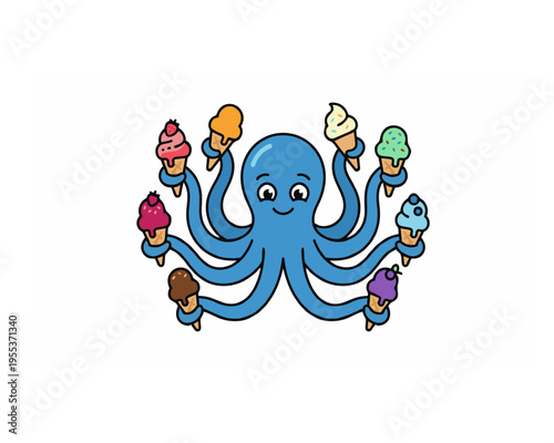 Funny blue octopus holding eight different ice cream cones with its tentacles. Summer vacation and sweet dessert concept illustration.