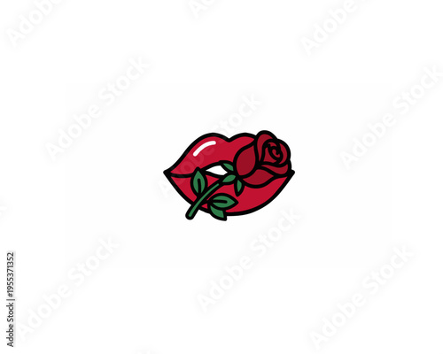 Red lips biting a red rose flower, vector illustration in pop art tattoo style isolated on white background.