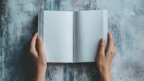 Empty open book in hands of person on textured background with subtle color variations and soft natural light creating a serene atmosphere to inspire creativity and imagination