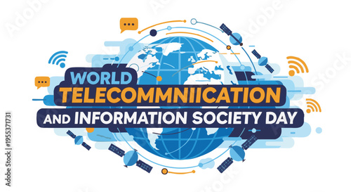 World Telecommunication and Information Society Day logo in blue and orange colors with globe and signal waves for technology and communication
