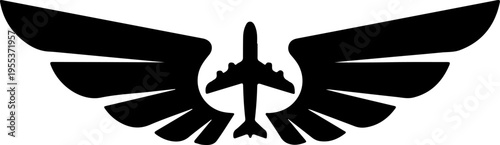 A black airplane silhouette with wings spread wide in flight.