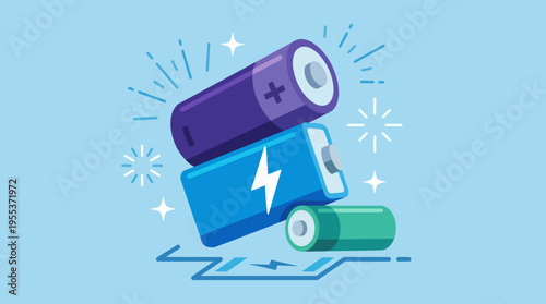 An artistic illustration of vibrant batteries stacked playfully, symbolizing energy and power in a visually engaging manner, reflecting the essential role of batteries in our daily life.