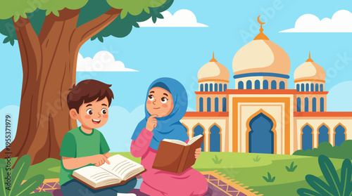 Two children are sitting under a tree and reading books, with a magnificent mosque as their backdrop, highlighting the importance of education and cultural engagement in a vibrant setting.
