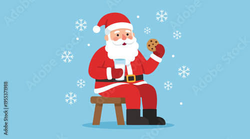 A cheerful Santa Claus is sitting happily with cookies and milk in a festive winter wonderland, embodying the joy and spirit of Christmas celebrations.