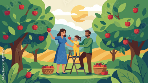 A joyful family picks apples together in a flourishing orchard, creating cherished memories amidst the vibrant scenery of nature and the setting sun in the background.