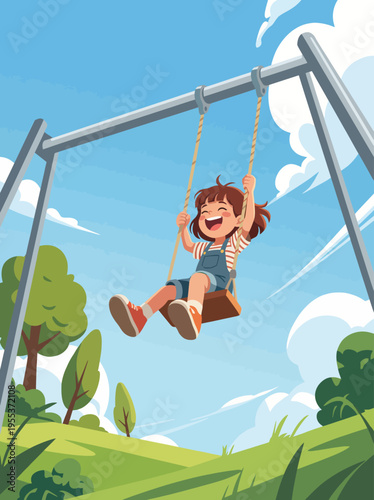 A cheerful child swings with delight in a beautiful park on a sunny day, symbolizing pure happiness and the carefree essence of childhood amidst nature's charm.