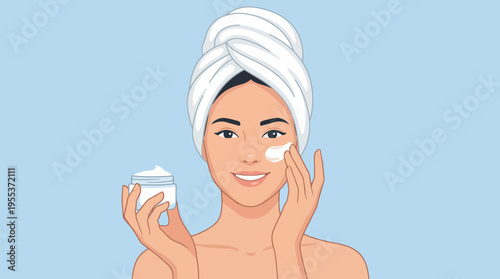 A serene woman with a towel on her head applies skincare cream, showcasing a moment of self-care and wellness, embracing beauty and routine in a light, gentle atmosphere.