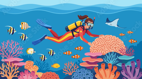 An adventurous diver explores a vibrant underwater paradise filled with colorful corals and friendly fish, highlighting the beauty of ocean life and exploration.