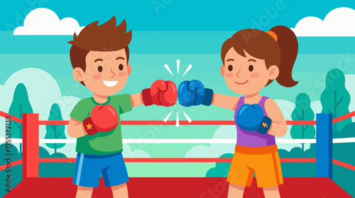 Two enthusiastic young boxers celebrate sportsmanship in the ring, emphasizing teamwork and healthy competition in an energetic and vibrant sporting environment.