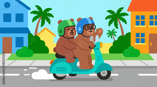 Two adorable bears sharing a fun scooter ride through a bright neighborhood, showcasing friendship and adventure in a playful, whimsical environment.