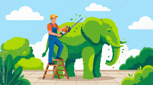 A skilled gardener meticulously shapes a bush into an elephant form, blending art and nature creatively while showcasing talent and creativity in a fun outdoor setting.