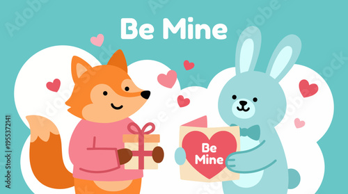 A charming illustration of a fox and a rabbit exchanging Valentine's gifts, symbolizing friendship, kindness, and love in a vibrant and cheerful artistic style.