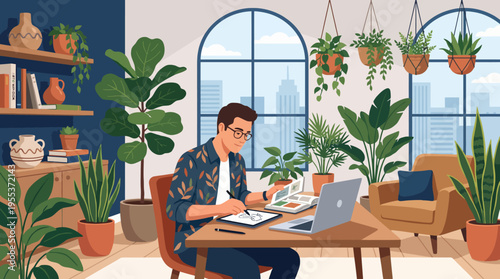 A focused designer sketches ideas in a well-decorated indoor space filled with plants, showcasing creativity, inspiration, and a harmonious workspace that promotes productivity.