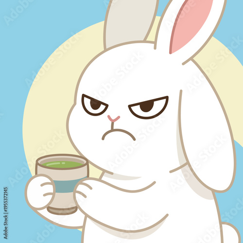 A cute cartoon rabbit displays an angry expression while holding a glass of green drink, showcasing a humorous and distinctive character in a charming illustration.