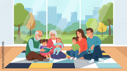 A loving family gathers in a cozy living room, enjoying storytime with children, showcasing the warmth of family bonds and togetherness in a bright and cheerful environment.