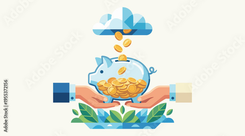 An artistic representation of a piggy bank receiving coins from above, symbolizing savings, financial growth, and the importance of managing personal finances in a creative manner.