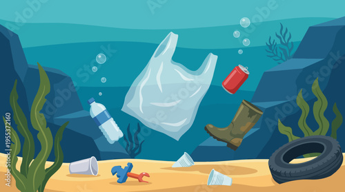 An alarming underwater view showcasing marine debris including plastic, cans, and other waste, emphasizing the critical issue of ocean pollution and environmental awareness.