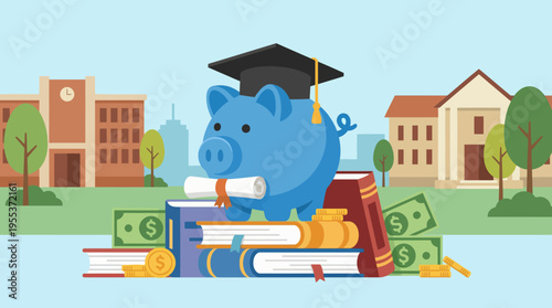 An artistic representation of a blue piggy bank wearing a graduation cap, surrounded by books and money, illustrating the value of savings for education and future success.