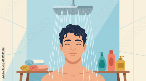 A serene depiction of a young man enjoying a refreshing shower at home, symbolizing personal care and relaxation in a stylish bathroom environment filled with hygiene products.