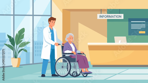 A compassionate healthcare scene depicting a doctor helping an elderly woman in a wheelchair, highlighting the importance of care and support within the medical environment.