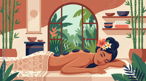 A serene spa scene showcasing a woman receiving a soothing hot stone massage, surrounded by lush greenery and tranquil décor for relaxation and rejuvenation.