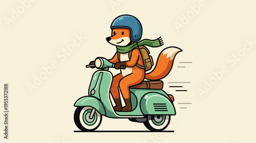 A charming and whimsical scene of a cartoon fox riding a scooter, adorned with a helmet and scarf, symbolizing adventure and joy in playful artistry.