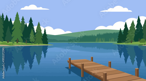 A picturesque lake scene featuring tranquil waters reflecting surrounding trees and mountains, designed to evoke feelings of peace and connection with nature.