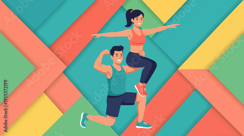 A man lifts a woman in a playful exercise pose, highlighting teamwork and fun in fitness, showing the bond between partners in a vibrant, dynamic environment.