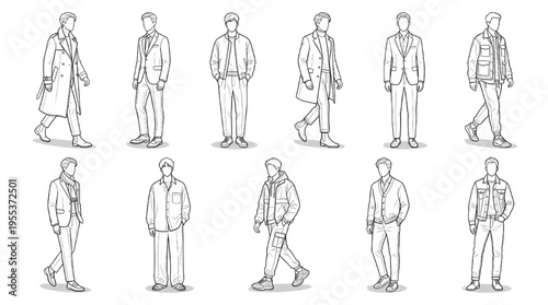 High Fashion Male Croquis Template Set, Modern Menswear Figure Sketches, Minimal Line Art Vector for Apparel Designers
