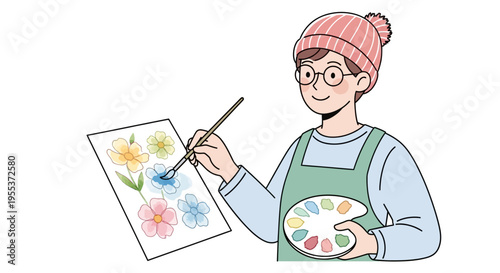 Woman painting with watercolors and brush.