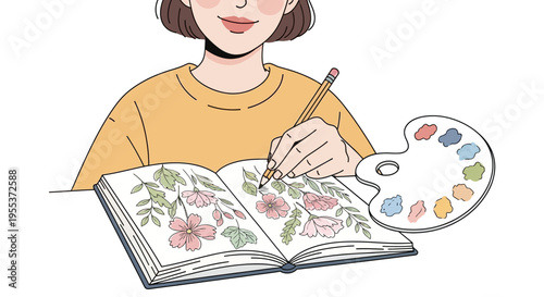 Woman painting flowers in a book.