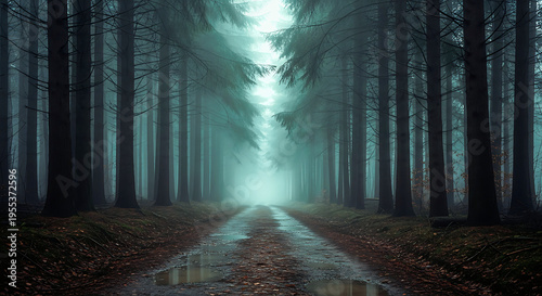 A dark forest with a road and trees